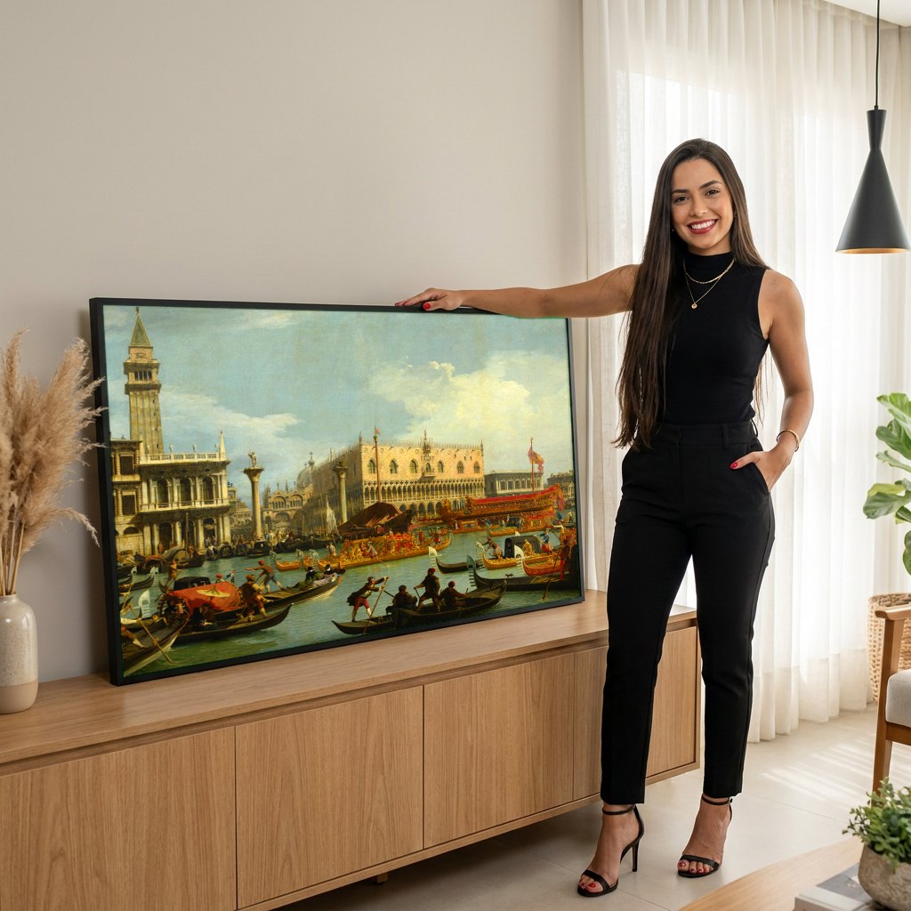 Quadro Decorativo A Chegada do Embaixador Francês - Canaletto | modelo apresentando o quadro emoldurado