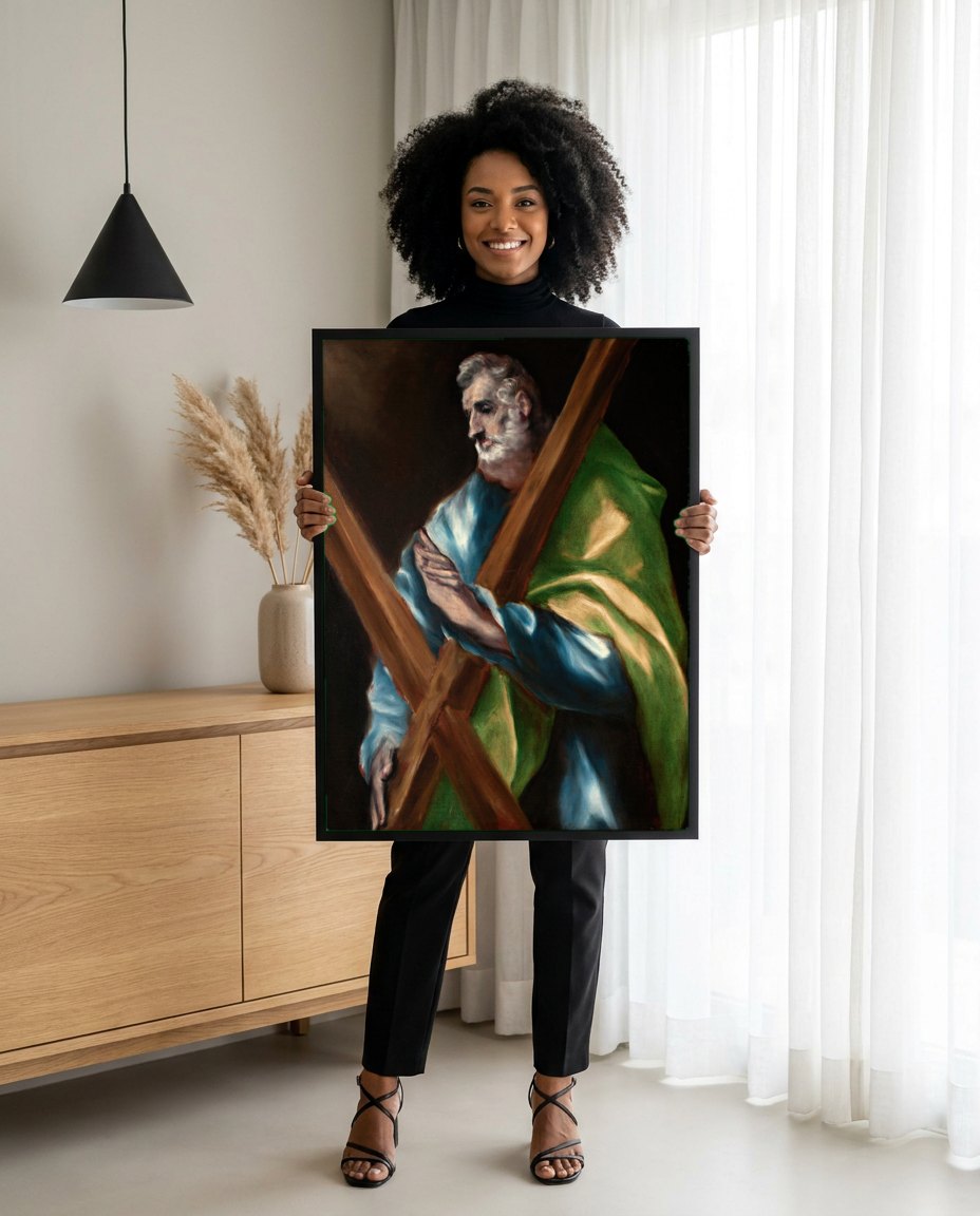 Quadro Decorativo São André - El Greco | modelo apresentando o quadro emoldurado