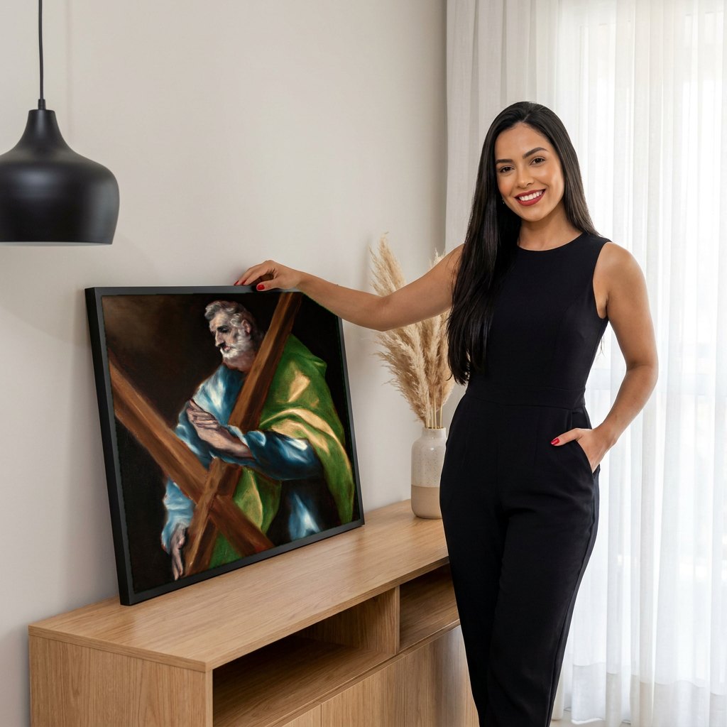 Quadro Decorativo São André - El Greco | modelo apresentando o quadro emoldurado