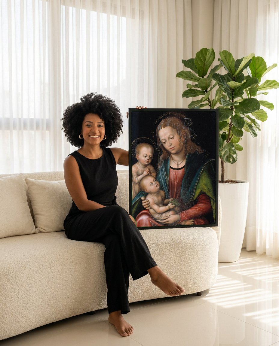 Quadro Decorativo A Virgem e o Menino com São João Batista - Cranach | modelo apresentando o quadro emoldurado
