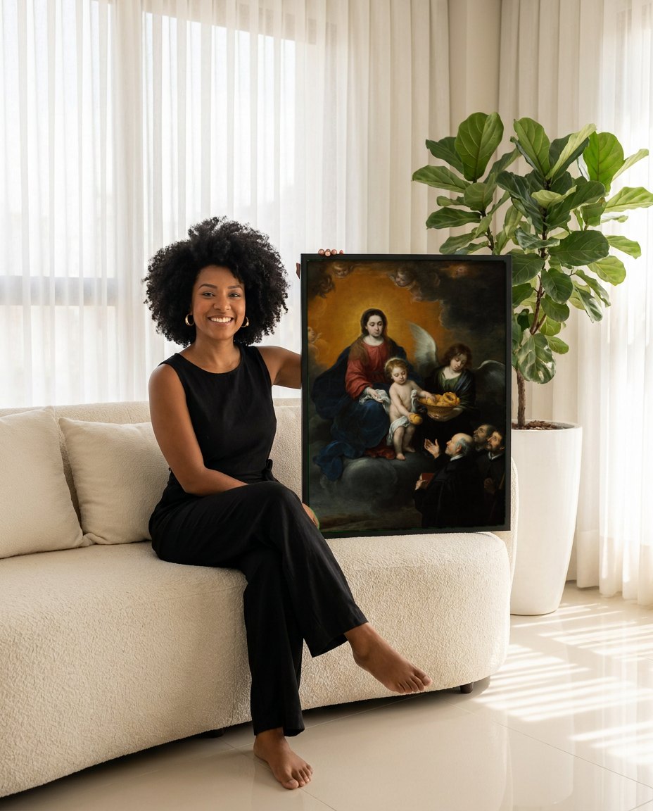 Quadro Decorativo A Virgem e o Menino com Santos – Murillo | modelo apresentando o quadro emoldurado