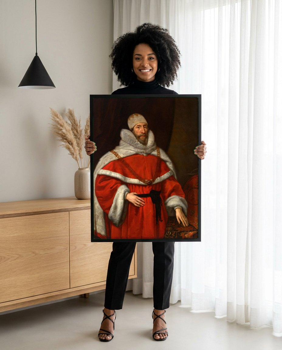 Quadro Decorativo Retrato de Magistrado - Daniël Mijtens | modelo apresentando o quadro emoldurado
