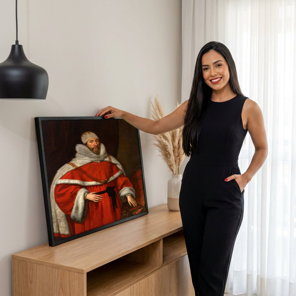 Quadro Decorativo Retrato de Magistrado - Daniël Mijtens | modelo apresentando o quadro emoldurado