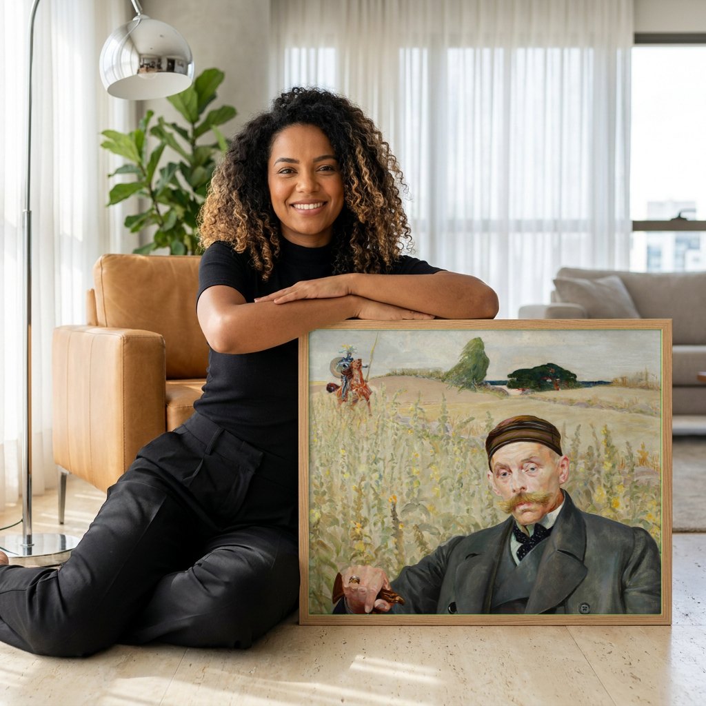 Quadro Decorativo O Poeta e o Cavaleiro - Jacek Malczewski | modelo apresentando o quadro emoldurado