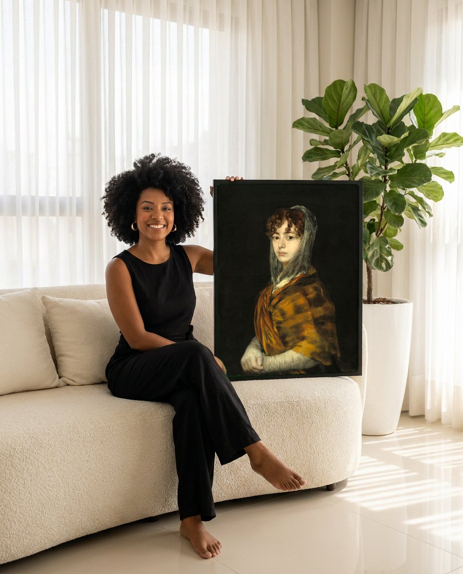 Quadro Decorativo Retrato de Jovem Senhora – Goya | modelo apresentando o quadro emoldurado