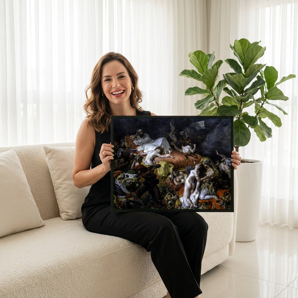 Quadro Decorativo A Morte de Sardanápalos - Delacroix | modelo apresentando o quadro emoldurado