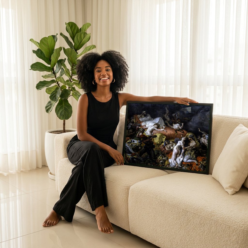 Quadro Decorativo A Morte de Sardanápalos - Delacroix | modelo apresentando o quadro emoldurado