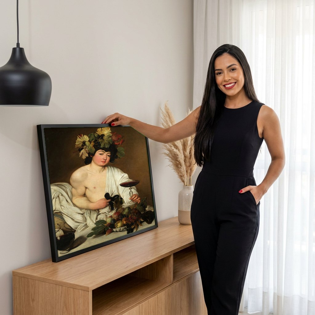 Quadro Decorativo Baco Jovem - Caravaggio | modelo apresentando o quadro emoldurado