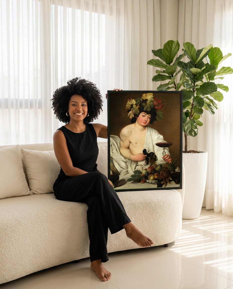 Quadro Decorativo Baco Jovem - Caravaggio | modelo apresentando o quadro emoldurado