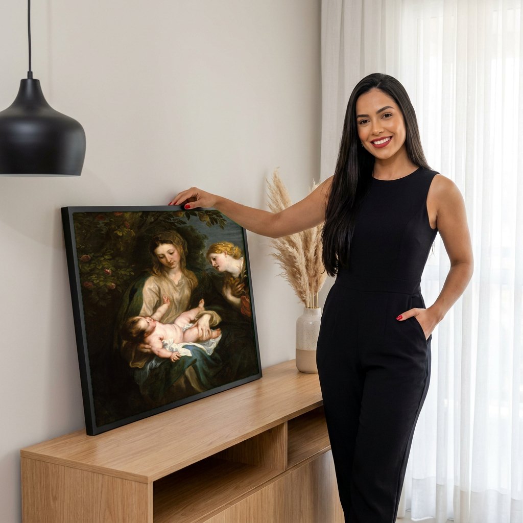 Quadro Decorativo A Virgem e o Menino com Santa Rosália - Van Dyck | modelo apresentando o quadro emoldurado