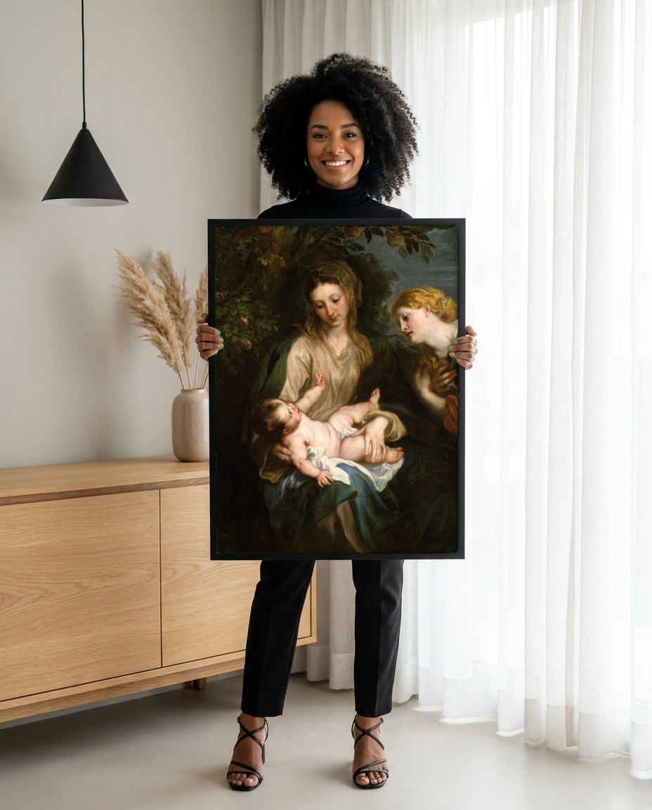 Quadro Decorativo A Virgem e o Menino com Santa Rosália - Van Dyck | modelo apresentando o quadro emoldurado