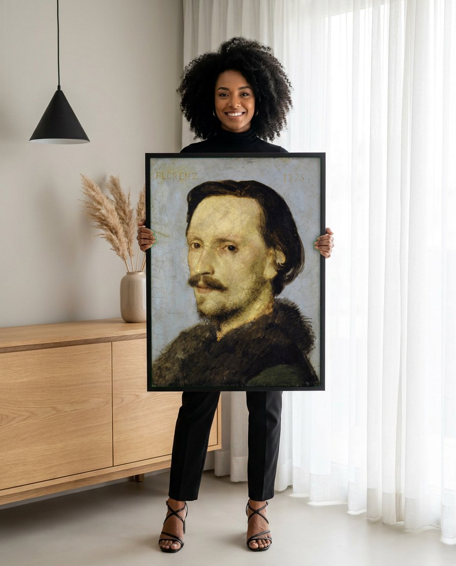 Quadro Decorativo Autorretrato - Arnold Böcklin | modelo apresentando o quadro emoldurado