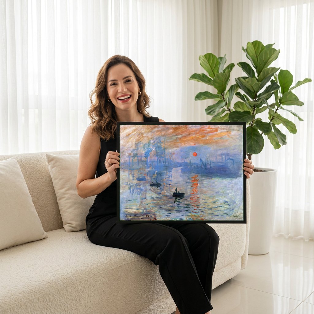 Quadro Decorativo Impressão, Nascer do Sol - Monet | modelo apresentando o quadro emoldurado