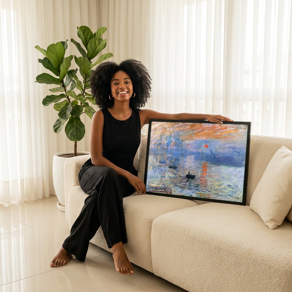 Quadro Decorativo Impressão, Nascer do Sol - Monet | modelo apresentando o quadro emoldurado