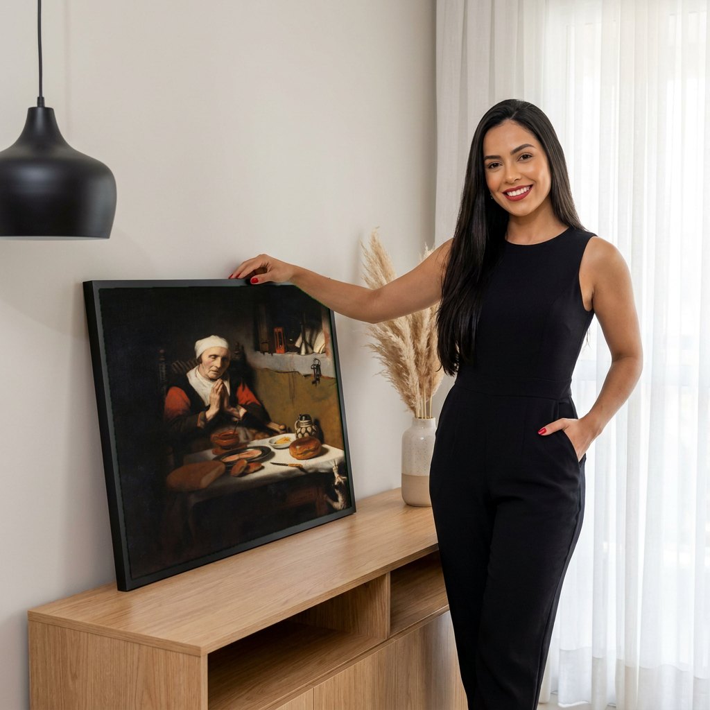 Quadro Decorativo A Oração da Velha - Nicolaes Maes | modelo apresentando o quadro emoldurado