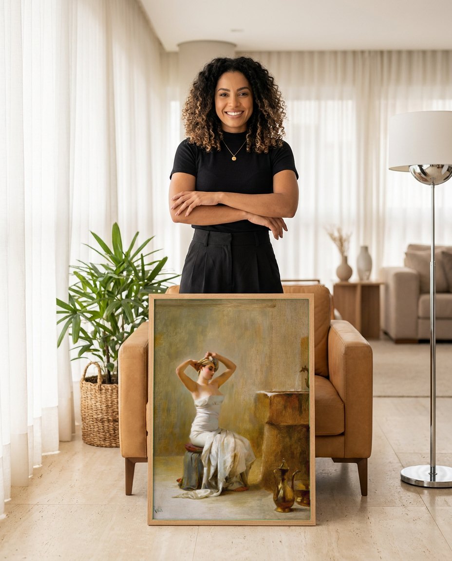 Quadro Decorativo A Mulher no Banho - Theodoros Ralli | modelo apresentando o quadro emoldurado