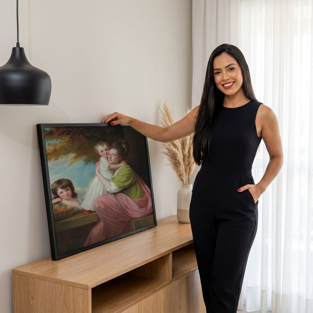 Quadro Decorativo Mãe e Filhos - George Romney | modelo apresentando o quadro emoldurado