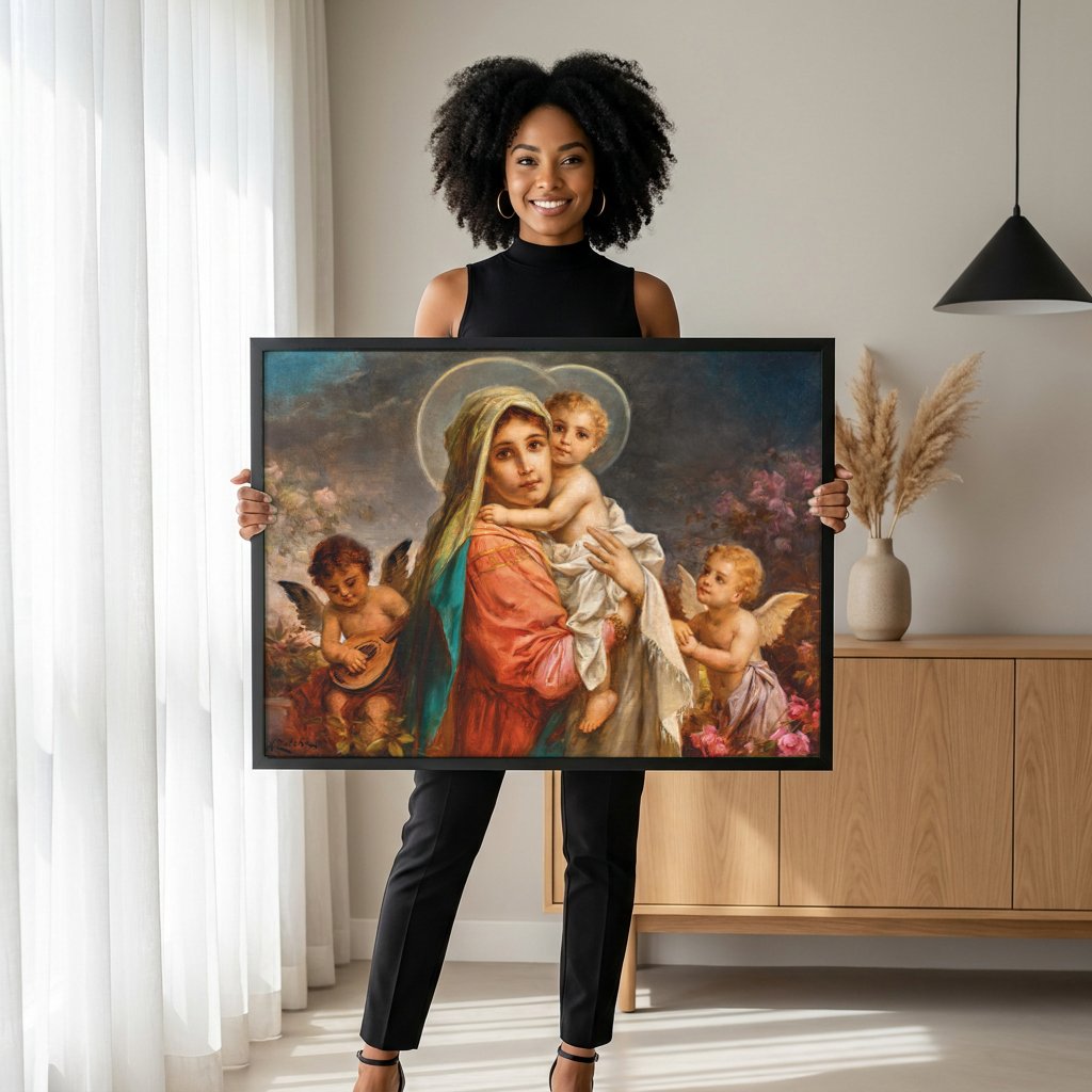 Quadro Decorativo Madona com o Menino e Anjos - Hans Zatzka com modelo em ambiente