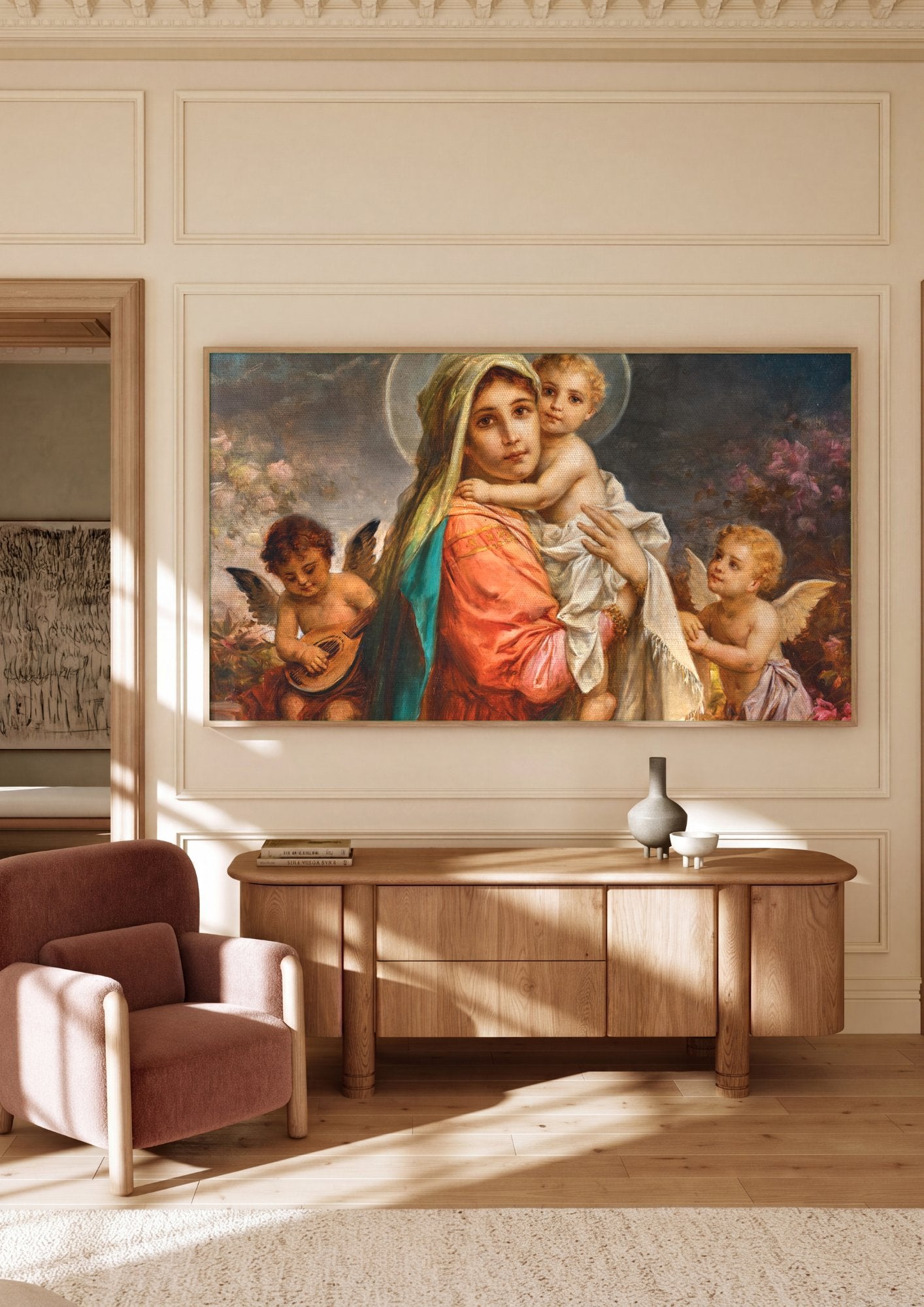 Quadro Decorativo Madona com o Menino e Anjos - Hans Zatzka em ambiente decorado