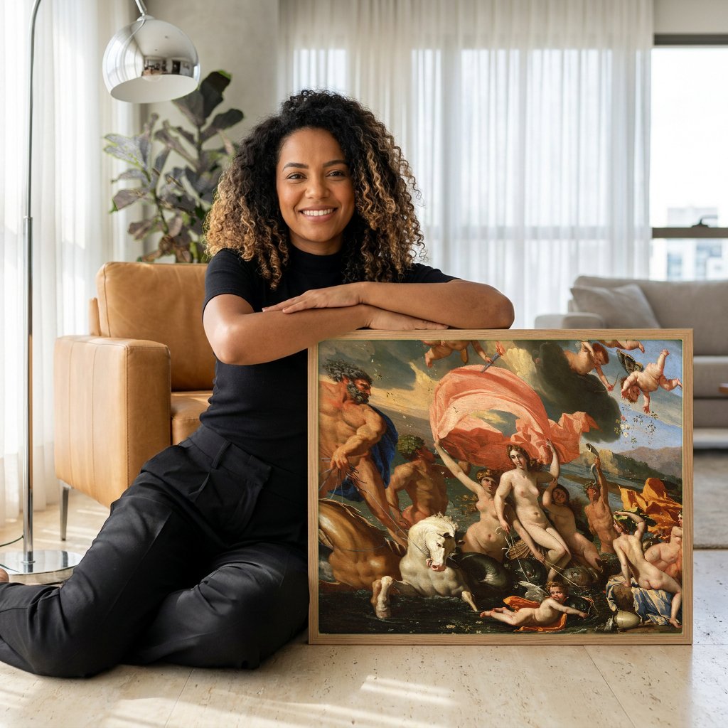 Quadro Decorativo O Triunfo de Netuno e Anfitrite - Nicolas Poussin com modelo em ambiente