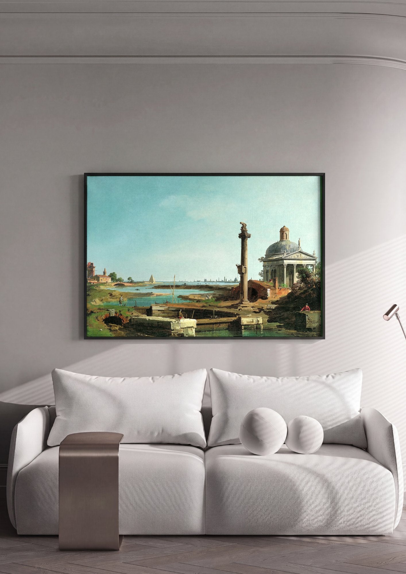 Quadro Decorativo 'Paisagem com Templo e Coluna' - Canaletto em ambiente decorado