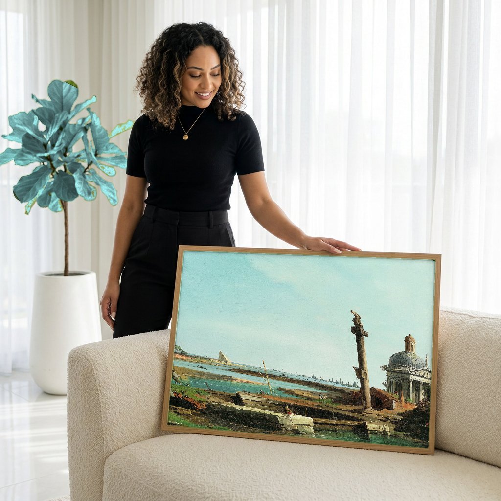 Quadro Decorativo 'Paisagem com Templo e Coluna' - Canaletto com modelo em ambiente
