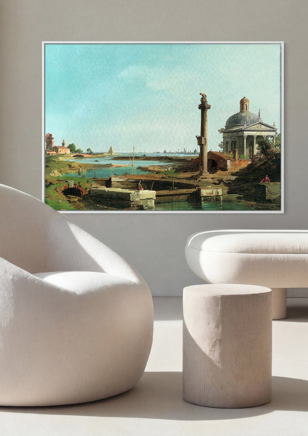 Quadro Decorativo 'Paisagem com Templo e Coluna' - Canaletto em ambiente decorado
