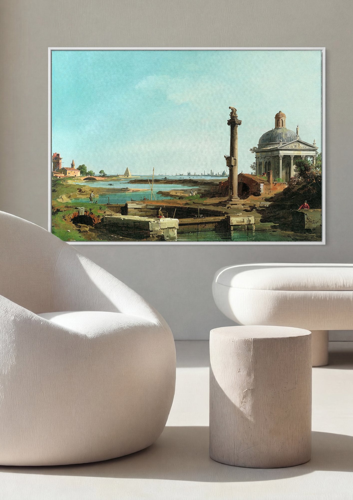Quadro Decorativo 'Paisagem com Templo e Coluna' - Canaletto em ambiente decorado
