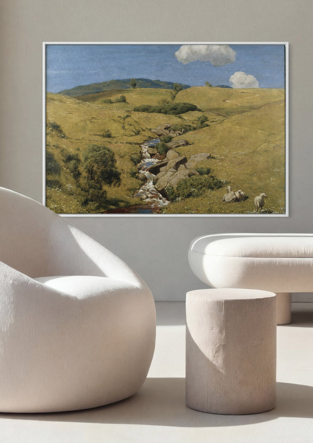 Quadro Decorativo Paisagem com Córrego e Ovelhas - Hans Thoma em ambiente decorado