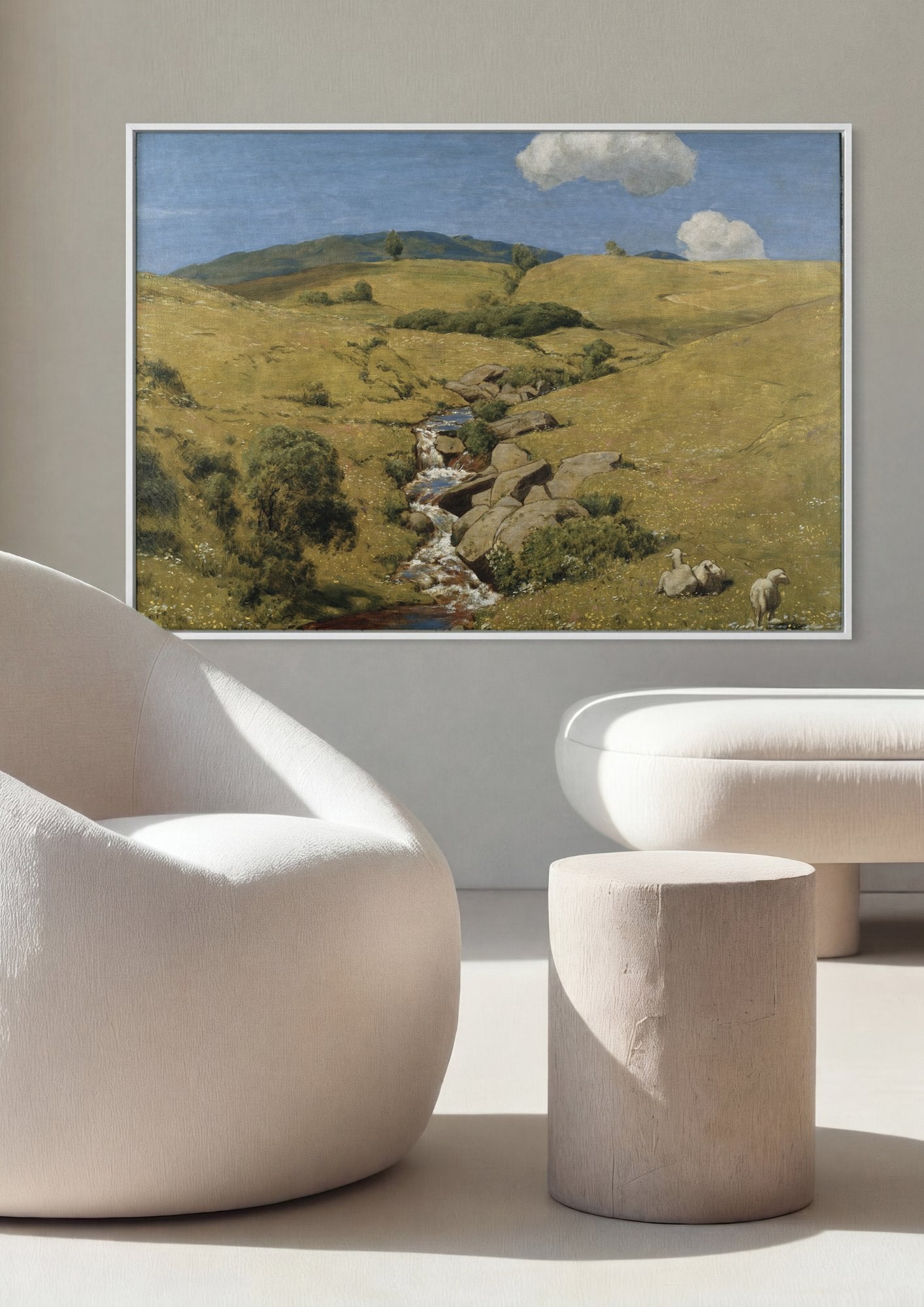 Quadro Decorativo Paisagem com Córrego e Ovelhas - Hans Thoma em ambiente decorado