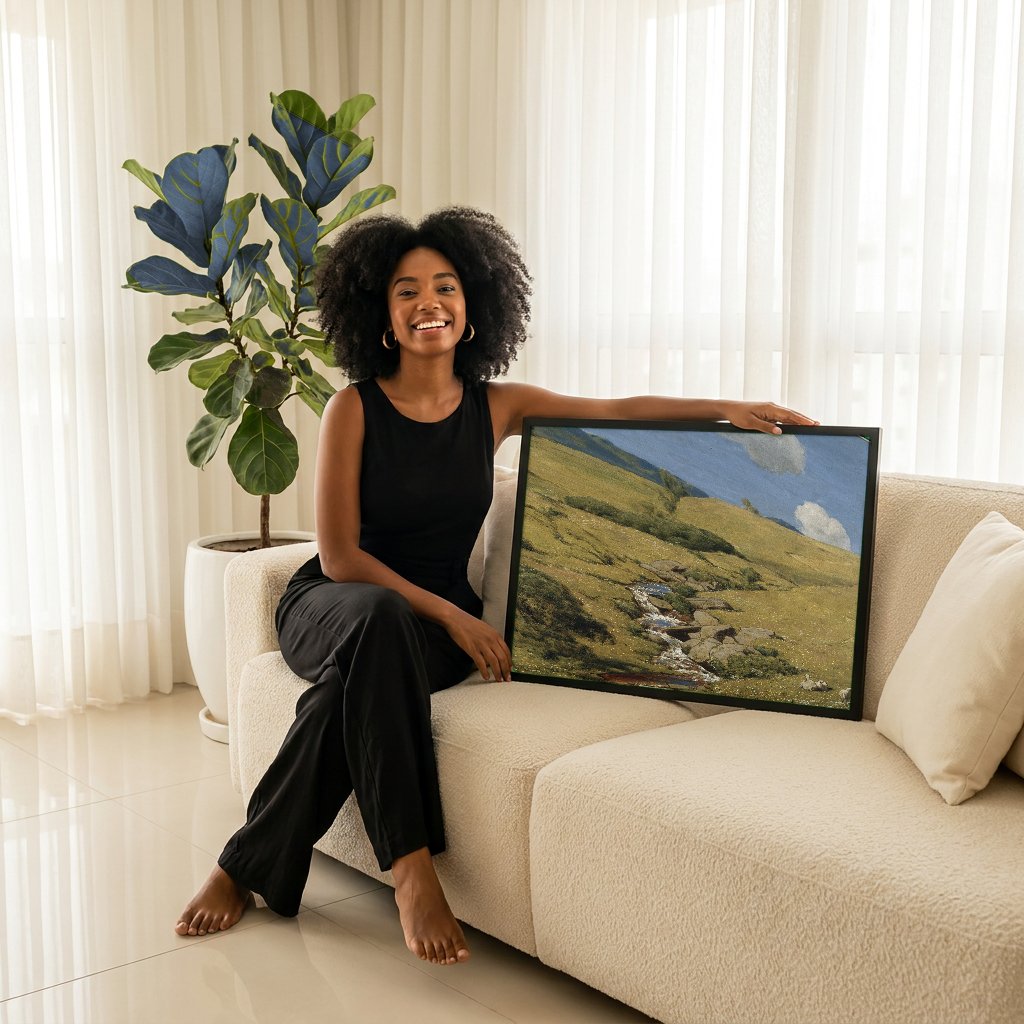 Quadro Decorativo Paisagem com Córrego e Ovelhas - Hans Thoma com modelo em ambiente