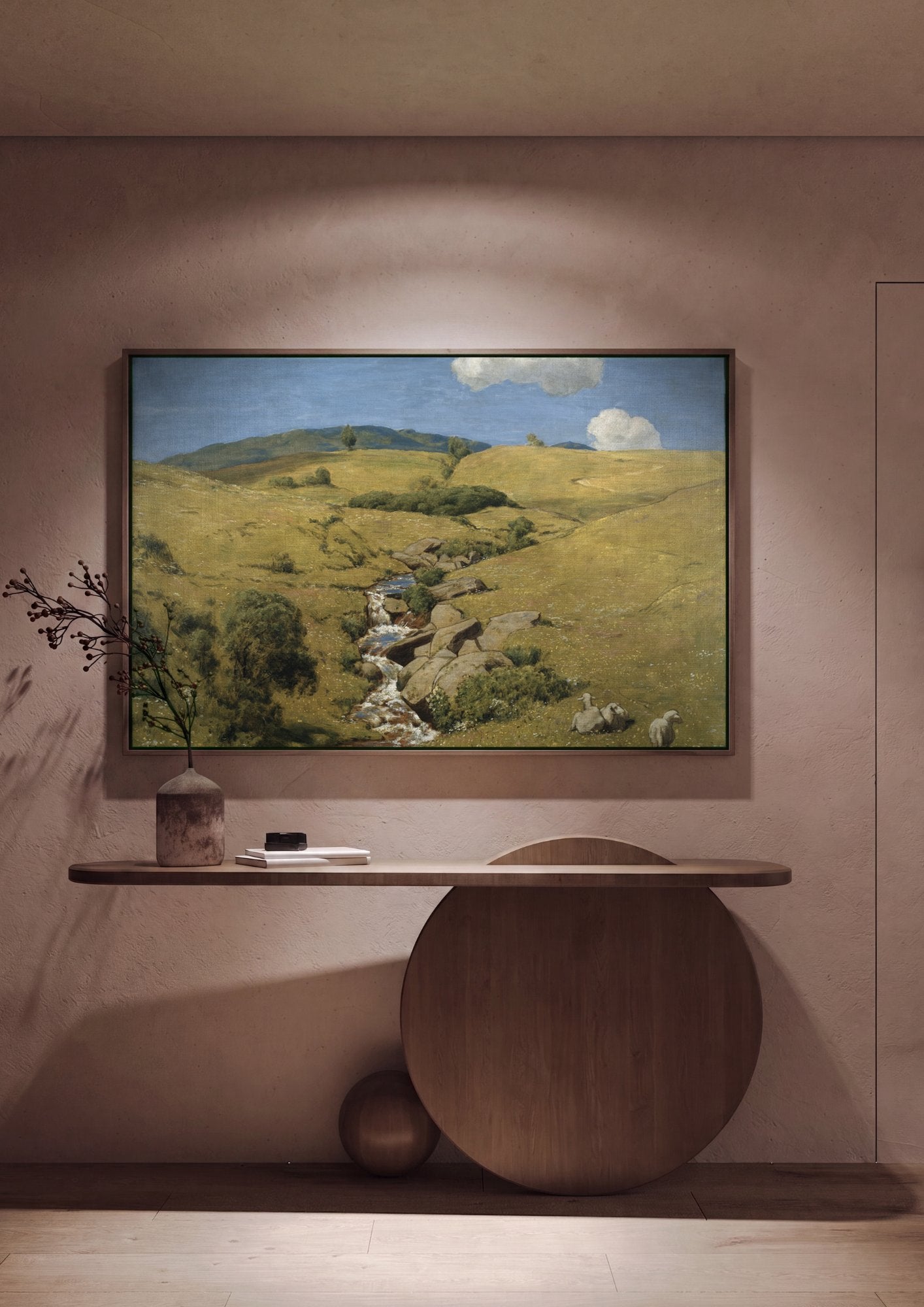 Quadro Decorativo Paisagem com Córrego e Ovelhas - Hans Thoma em ambiente decorado