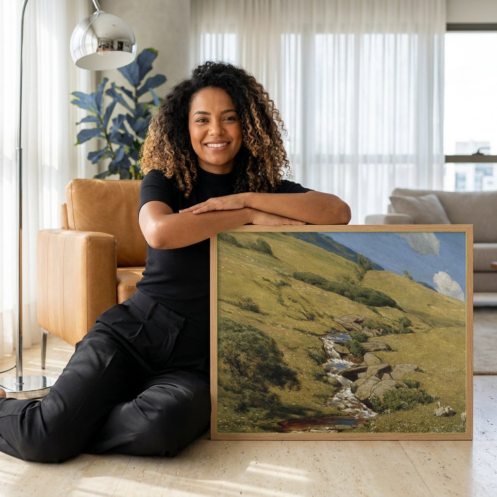 Quadro Decorativo Paisagem com Córrego e Ovelhas - Hans Thoma com modelo em ambiente