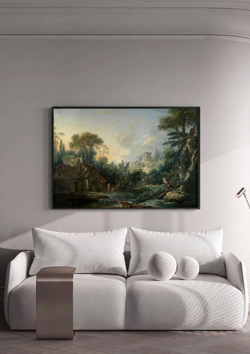 Quadro Decorativo Paisagem com Moinho e Templo - François Boucher em ambiente decorado