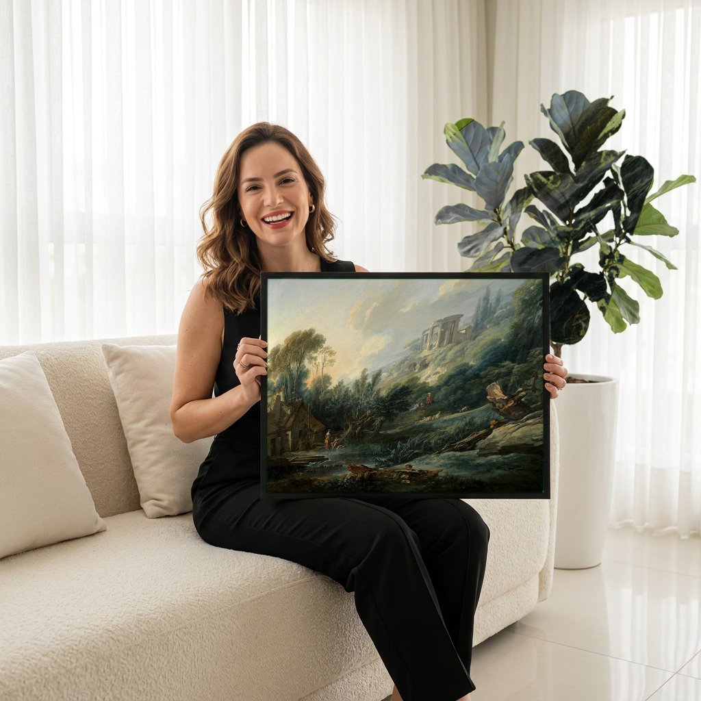 Quadro Decorativo Paisagem com Moinho e Templo - François Boucher com modelo em ambiente