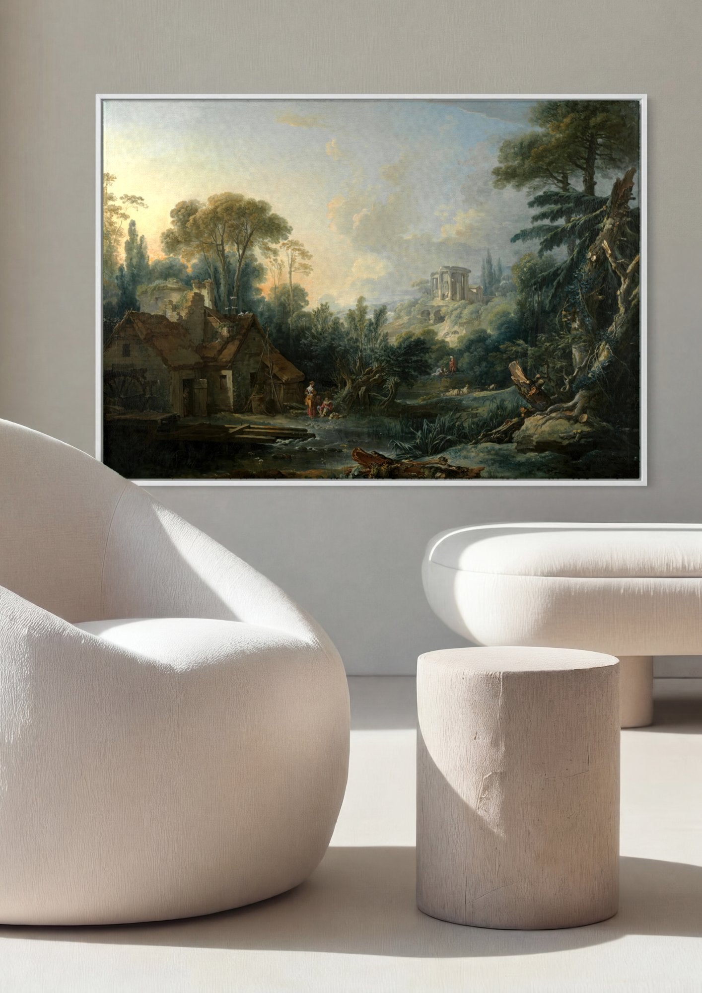 Quadro Decorativo Paisagem com Moinho e Templo - François Boucher em ambiente decorado