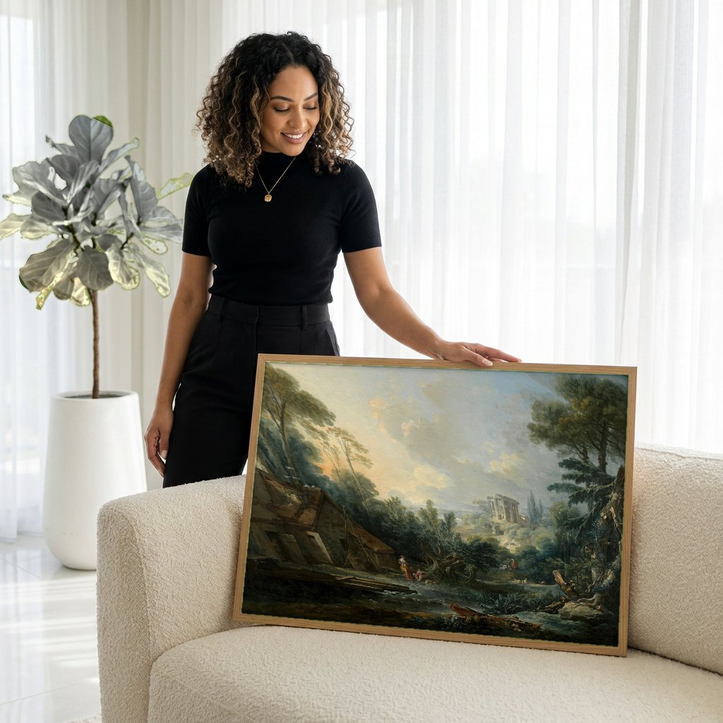Quadro Decorativo Paisagem com Moinho e Templo - François Boucher com modelo em ambiente