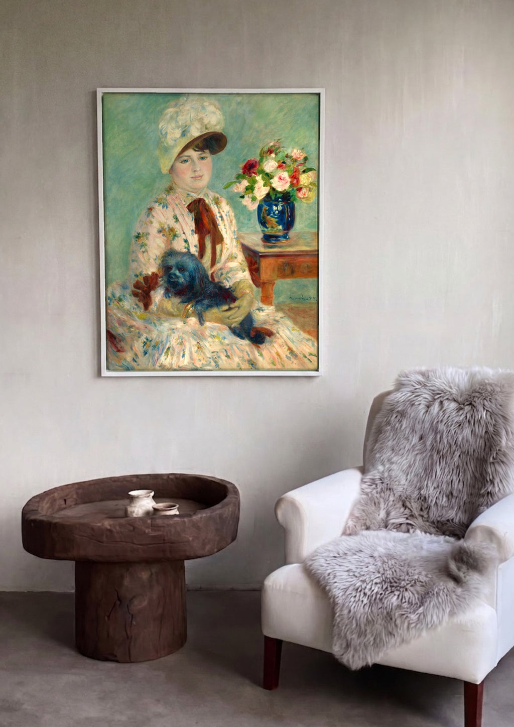 Quadro Decorativo Mulher com Cachorro e Flores - Renoir em ambiente decorado