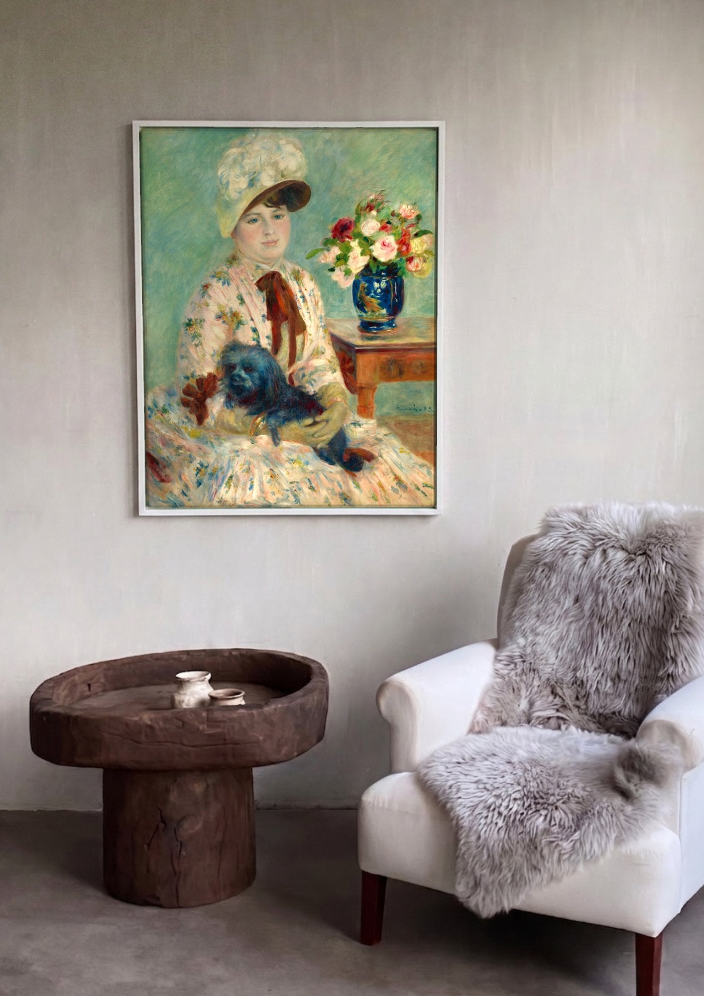 Quadro Decorativo Mulher com Cachorro e Flores - Renoir em ambiente decorado