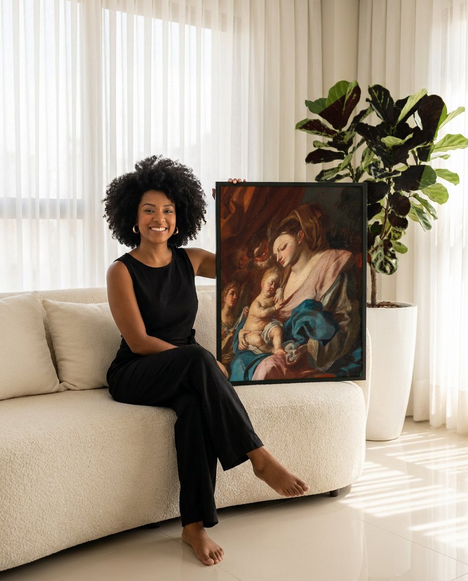 Quadro Decorativo Madona com o Menino e Anjos - Solimena com modelo em ambiente