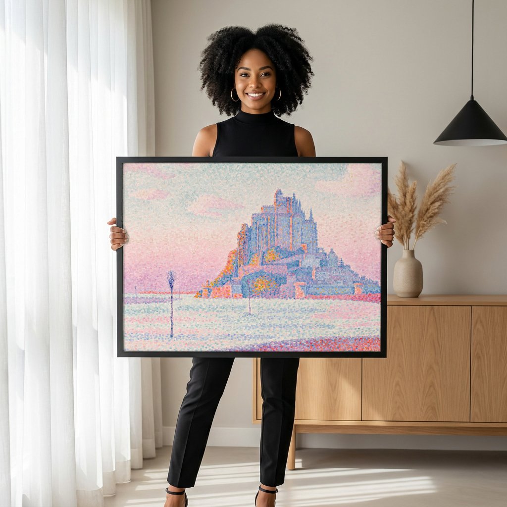 Quadro Decorativo Mont Saint-Michel ao Entardecer - Signac com modelo em ambiente