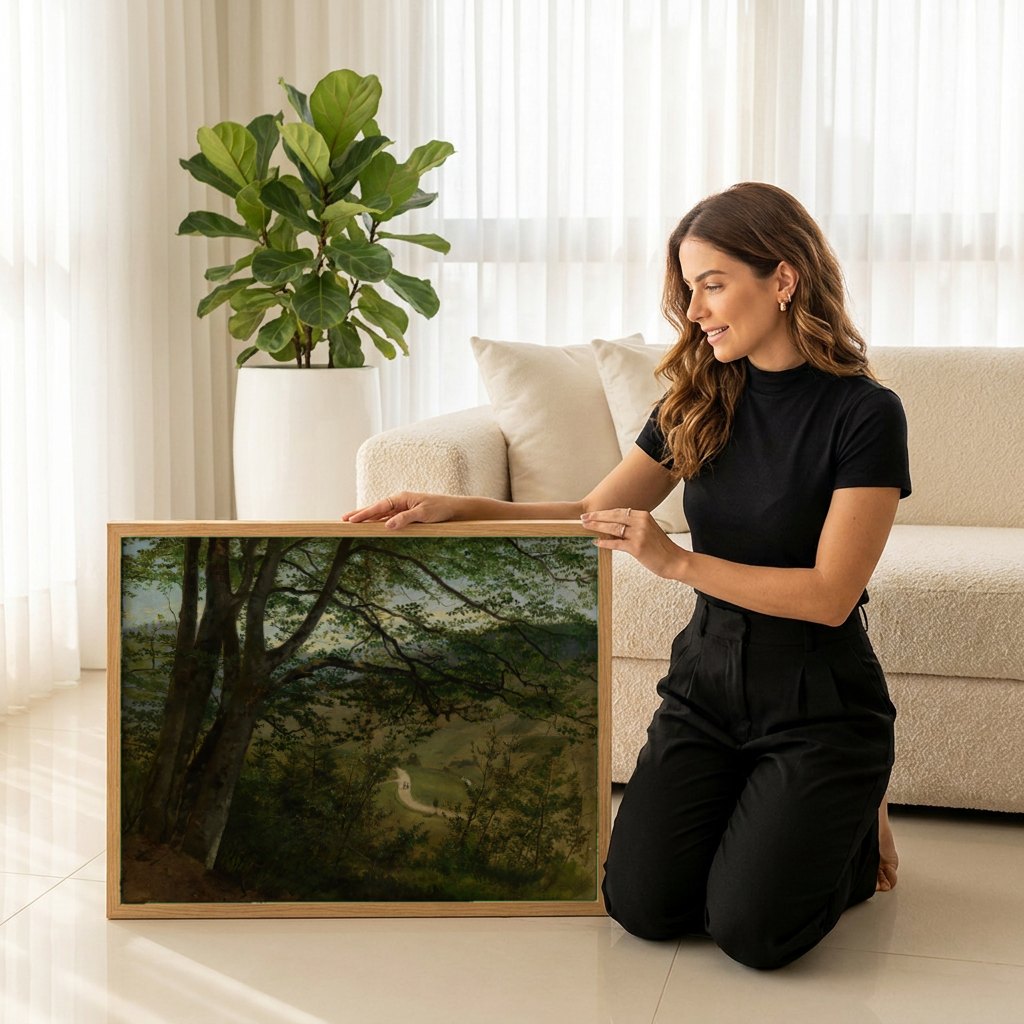 Quadro Decorativo A Floresta de Hans Thoma | modelo apresentando o quadro emoldurado