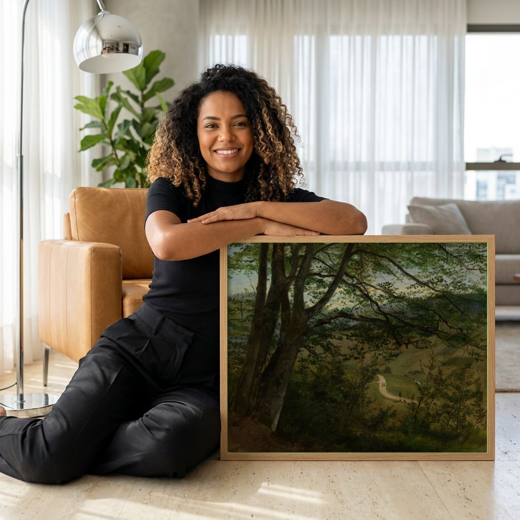 Quadro Decorativo A Floresta de Hans Thoma | modelo apresentando o quadro emoldurado