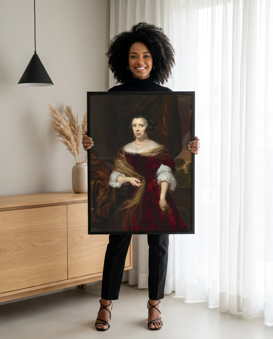 Quadro Decorativo Retrato de Mulher - Nicolaes Maes | modelo apresentando o quadro emoldurado