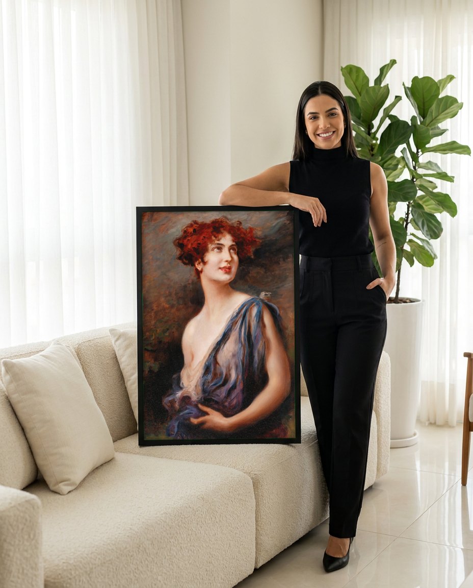 Quadro Decorativo Retrato Feminino - Leopold Schmutzler | modelo apresentando o quadro emoldurado