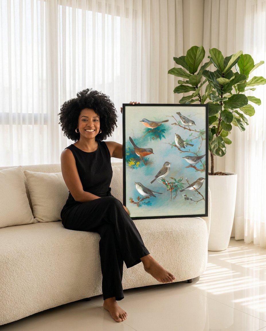 Quadro Decorativo Pássaros Cantantes - Thorburn | modelo apresentando o quadro emoldurado