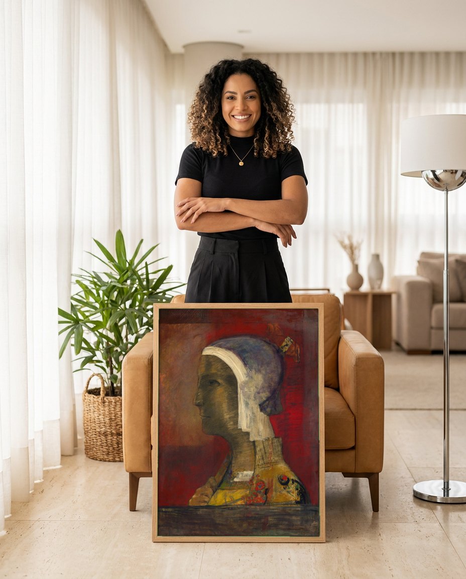 Quadro Decorativo A Cabeça Mística - Odilon Redon | modelo apresentando o quadro emoldurado
