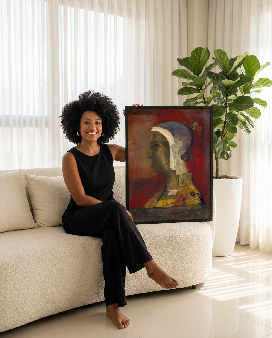 Quadro Decorativo A Cabeça Mística - Odilon Redon | modelo apresentando o quadro emoldurado