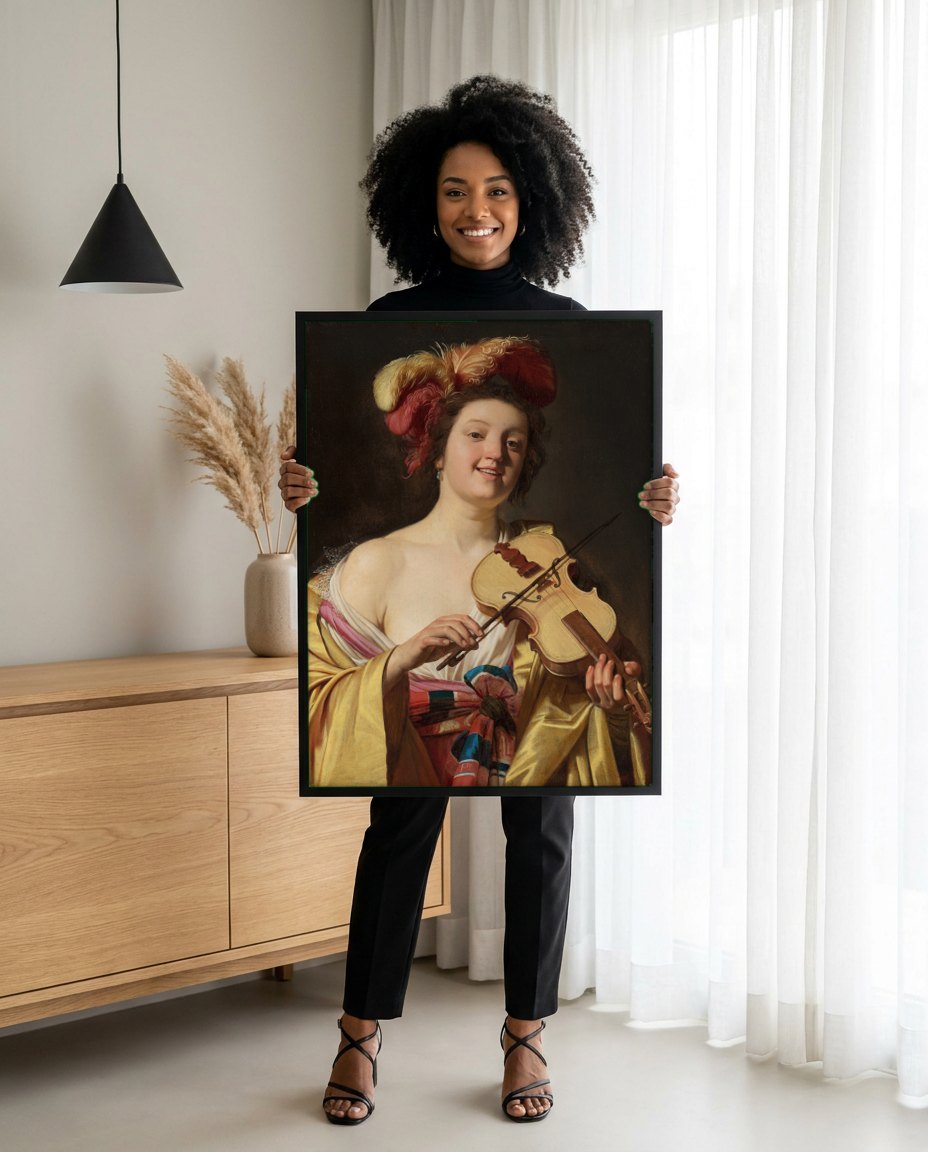 Quadro Decorativo A Tocadora de Violino - Honthorst | modelo apresentando o quadro emoldurado