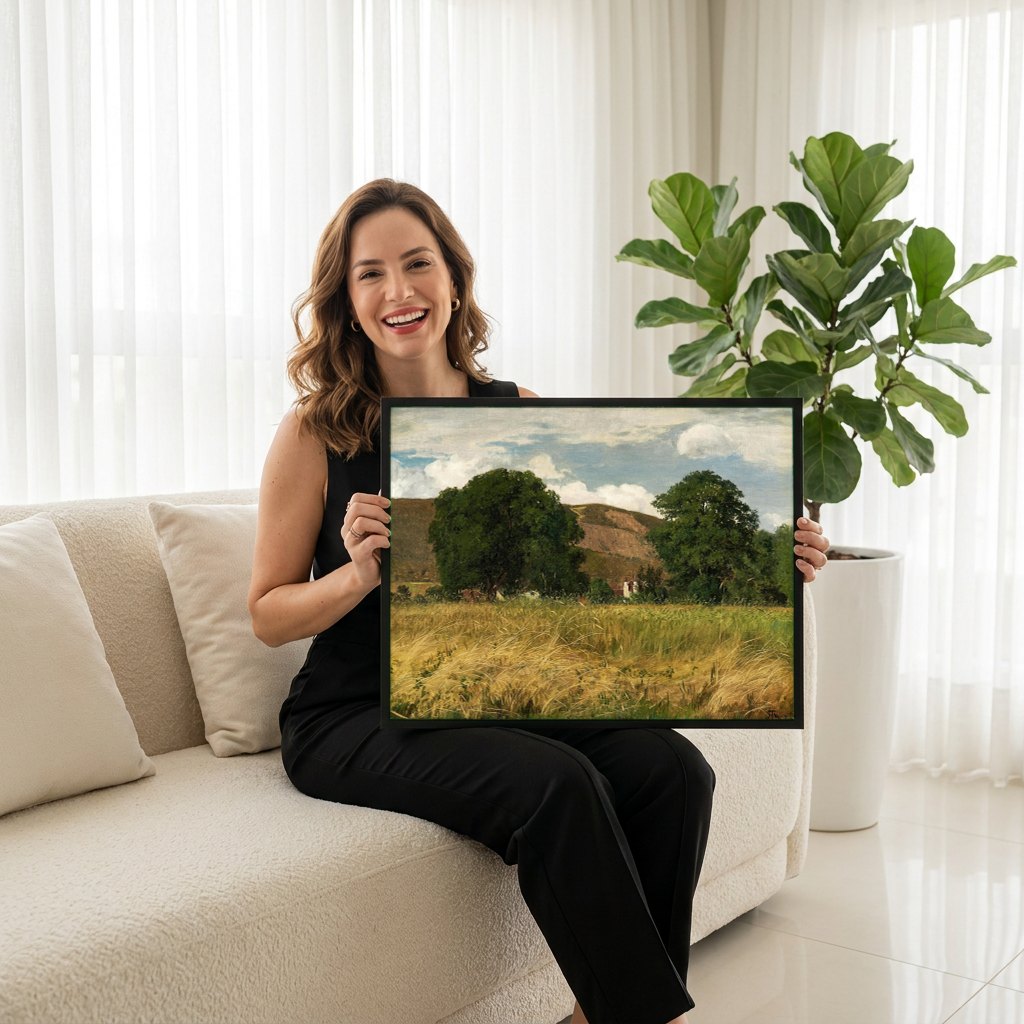 Quadro Decorativo Campo Dourado - Hans Thoma | modelo apresentando o quadro emoldurado
